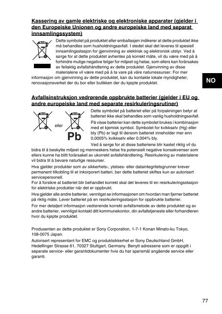 Sony SVS1311R9E - SVS1311R9E Documents de garantie Danois