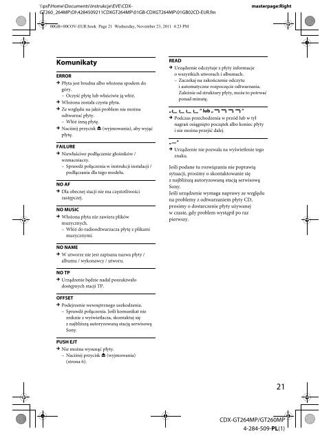 Sony CDX-GT264MP - CDX-GT264MP Consignes d&rsquo;utilisation Polonais