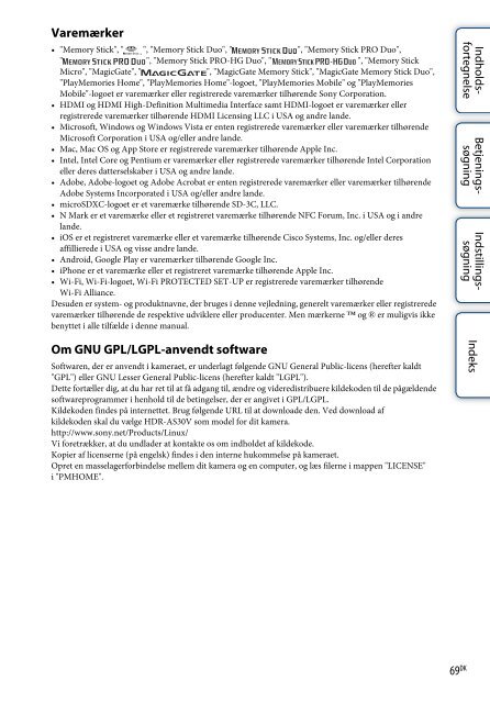 Sony HDR-AS30VD - HDR-AS30VD Guide pratique Danois