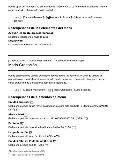 Sony HDR-CX900E - HDR-CX900E Manuel d'aide (version imprimable) Espagnol