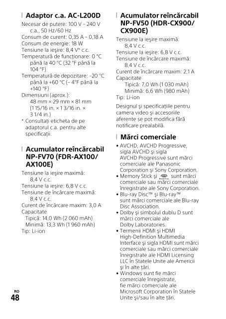 Sony HDR-CX900E - HDR-CX900E Consignes d&rsquo;utilisation Roumain