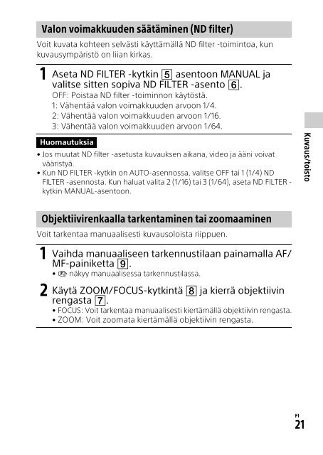 Sony HDR-CX900E - HDR-CX900E Mode d'emploi Finlandais