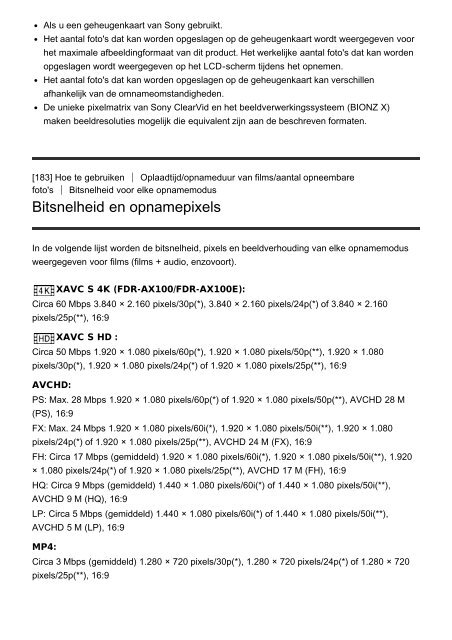 Sony HDR-CX900E - HDR-CX900E Manuel d'aide (version imprimable) N&eacute;erlandais