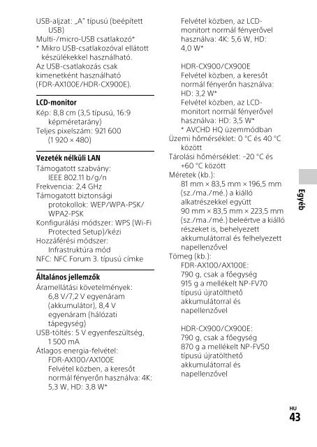 Sony HDR-CX900E - HDR-CX900E Mode d'emploi Hongrois