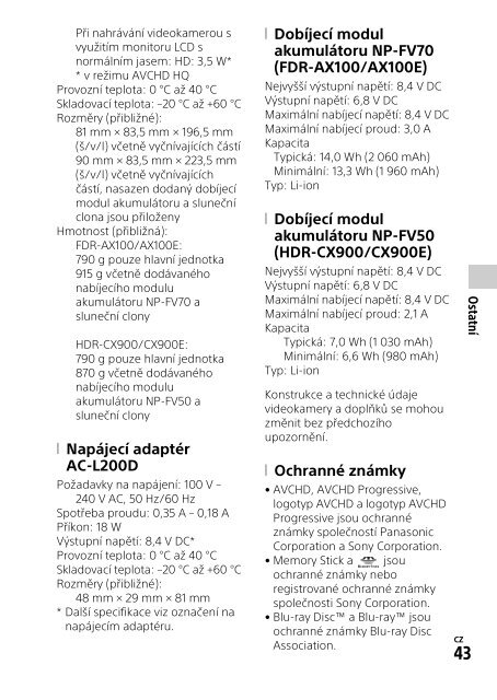 Sony HDR-CX900E - HDR-CX900E Mode d'emploi Tch&egrave;que