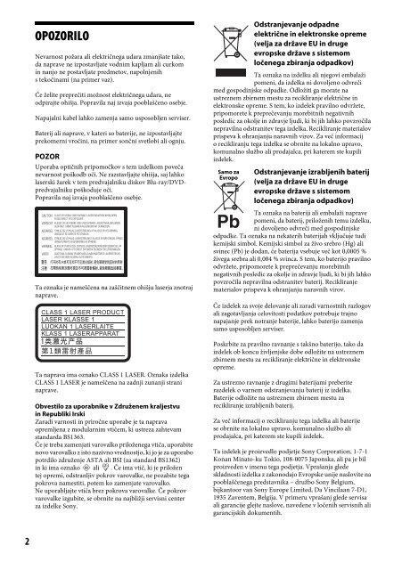 Sony UHP-H1 - UHP-H1 Consignes d&rsquo;utilisation Slov&eacute;nien