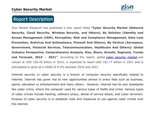 Global Cyber Security Market, 2015 – 2021