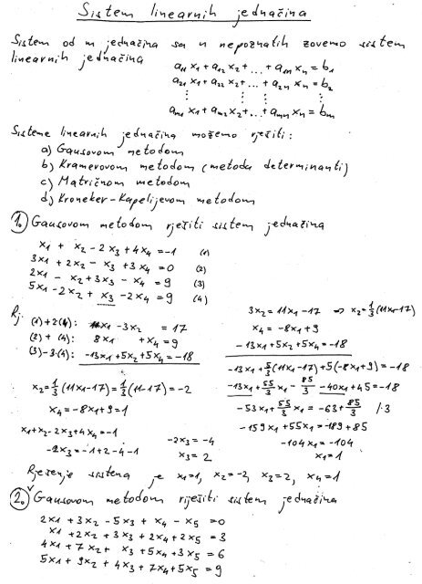 Sistemi linearnih jednacina Gausova metoda Kramerova metoda 