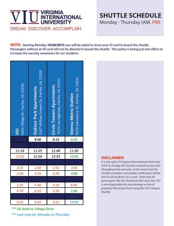 Shuttle Schedule Spring 2018