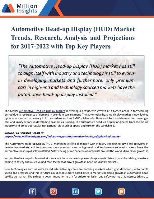 Automotive Head-up Display (HUD) Market Strategies, Analysis, Overview and Forecasts to 2022 By Million Insights