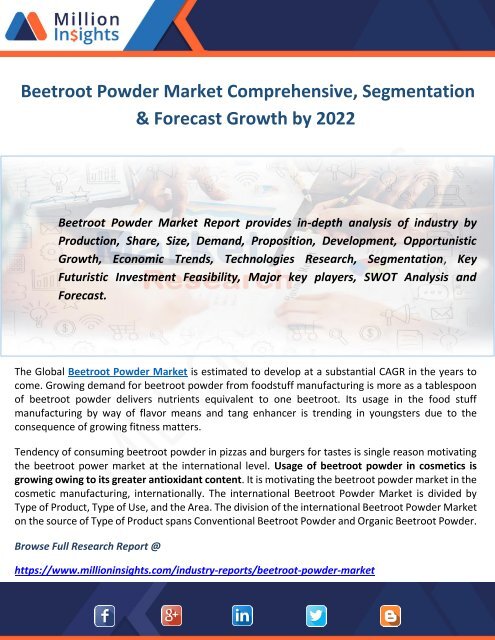 Beetroot Powder Market Comprehensive, Segmentation & Forecast Growth by 2022