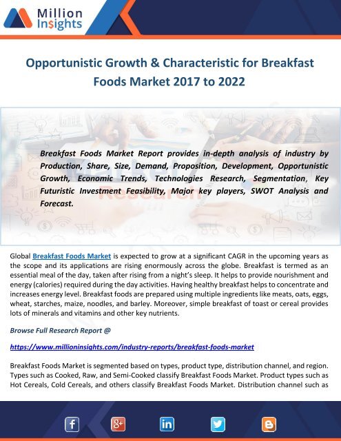 Opportunistic Growth & Characteristic for Breakfast Foods Market 2017 to 2022