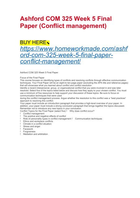 Ashford COM 325 Week 5 Final Paper (Conflict management)