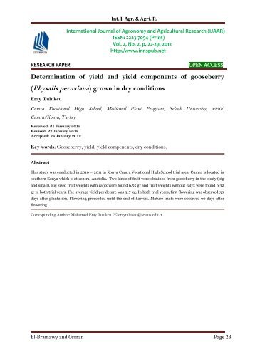 Determination of yield and yield components of gooseberry (Physalis peruviana) grown in dry conditions