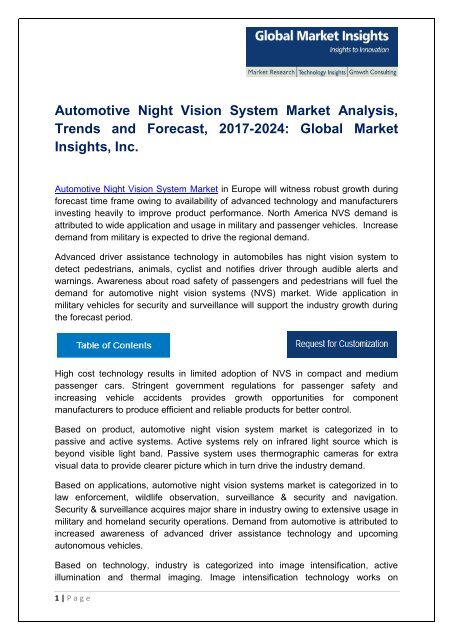 Automotive Night Vision System Market Analysis, Trends and Forecast, 2017-2024