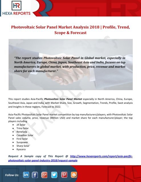 Photovoltaic Solar Panel Market Analysis 2018  Profile, Trend, Scope &amp; Forecast
