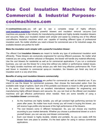 Use Cool Insulation Machines for Commercial & Industrial Purposes coolmachines.com