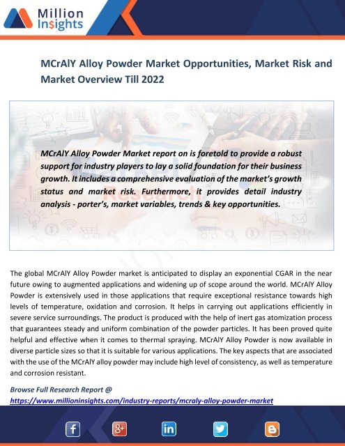 MCrAlY Alloy Powder Market Opportunities, Market Risk and Market Overview Till 2022