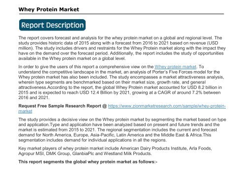 Whey Protein Market to touch US$ 12.4 Billion by 2021