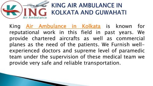 king air ambulance in Kolkata and Guwahati