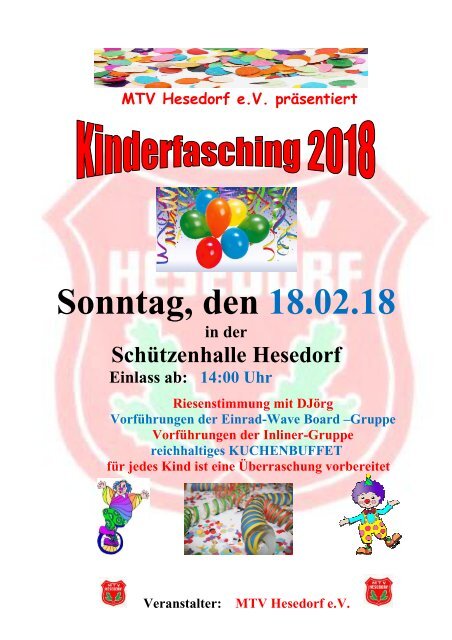 MTV Kinderfasching 2018 am Sonntag 18.02.2018 14:30 Uhr