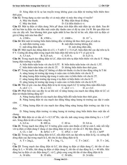 Sơ lược kiến thức trọng tâm Vật Lý 12 - 2015 (Bài tập tự luyện theo từng chương)