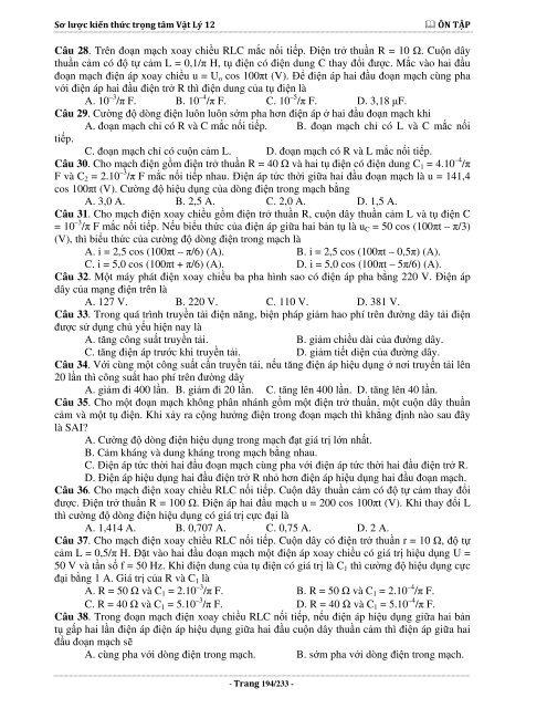 Sơ lược kiến thức trọng tâm Vật Lý 12 - 2015 (Bài tập tự luyện theo từng chương)