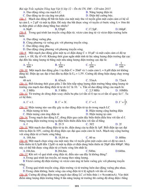 Sơ lược kiến thức trọng tâm Vật Lý 12 - 2015 (Bài tập tự luyện theo từng chương)