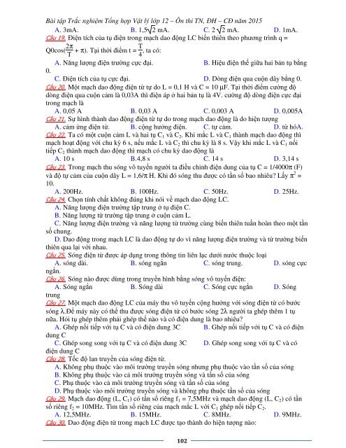 Sơ lược kiến thức trọng tâm Vật Lý 12 - 2015 (Bài tập tự luyện theo từng chương)