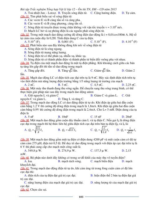 Sơ lược kiến thức trọng tâm Vật Lý 12 - 2015 (Bài tập tự luyện theo từng chương)