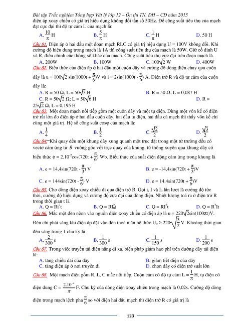 Sơ lược kiến thức trọng tâm Vật Lý 12 - 2015 (Bài tập tự luyện theo từng chương)