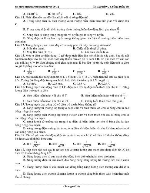 Sơ lược kiến thức trọng tâm Vật Lý 12 - 2015 (Bài tập tự luyện theo từng chương)