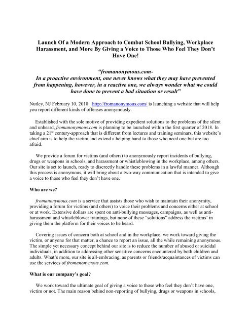 Launch Of a Modern Approach to Combat School Bullying, Workplace Harassment, and More By Giving a Voice to Those Who Feel They Don’t Have One!