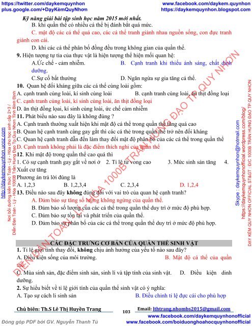 KỸ NĂNG GIẢI BÀI TẬP SINH HỌC (PHỤC VỤ KỲ THI TUYỂN SINH ĐẠI HỌC - CAO ĐẲNG NĂM 2015 TỪ BỘ GD&ĐT)