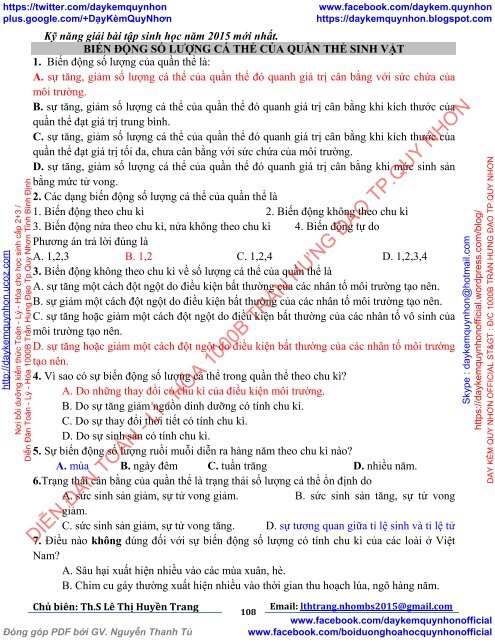 KỸ NĂNG GIẢI BÀI TẬP SINH HỌC (PHỤC VỤ KỲ THI TUYỂN SINH ĐẠI HỌC - CAO ĐẲNG NĂM 2015 TỪ BỘ GD&ĐT)