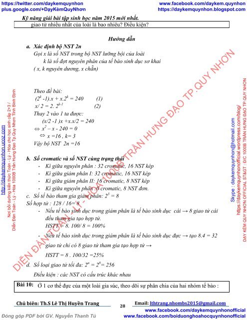 KỸ NĂNG GIẢI BÀI TẬP SINH HỌC (PHỤC VỤ KỲ THI TUYỂN SINH ĐẠI HỌC - CAO ĐẲNG NĂM 2015 TỪ BỘ GD&ĐT)