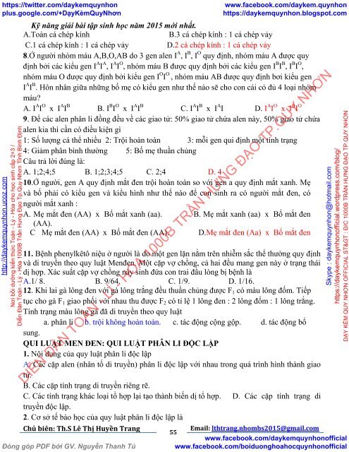 KỸ NĂNG GIẢI BÀI TẬP SINH HỌC (PHỤC VỤ KỲ THI TUYỂN SINH ĐẠI HỌC - CAO ĐẲNG NĂM 2015 TỪ BỘ GD&ĐT)