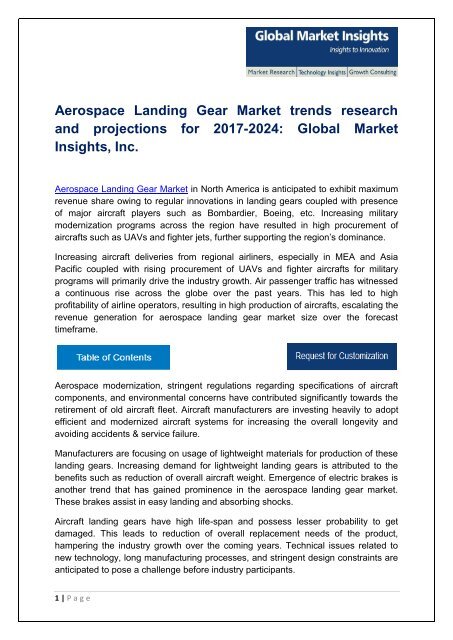 Aerospace Landing Gear Market Analysis, Trends and Forecast, 2017-2024