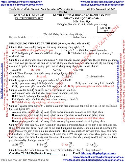 TUYỂN TẬP 25 ĐỀ THI THỬ ĐẠI HỌC MÔN SINH HỌC CỦA CÁC TRƯỜNG THPT TRÊN TOÀN QUỐC (2014)