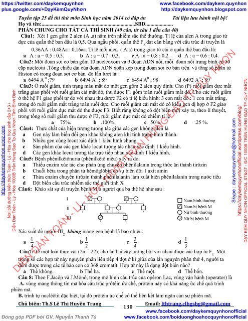 TUYỂN TẬP 25 ĐỀ THI THỬ ĐẠI HỌC MÔN SINH HỌC CỦA CÁC TRƯỜNG THPT TRÊN TOÀN QUỐC (2014)