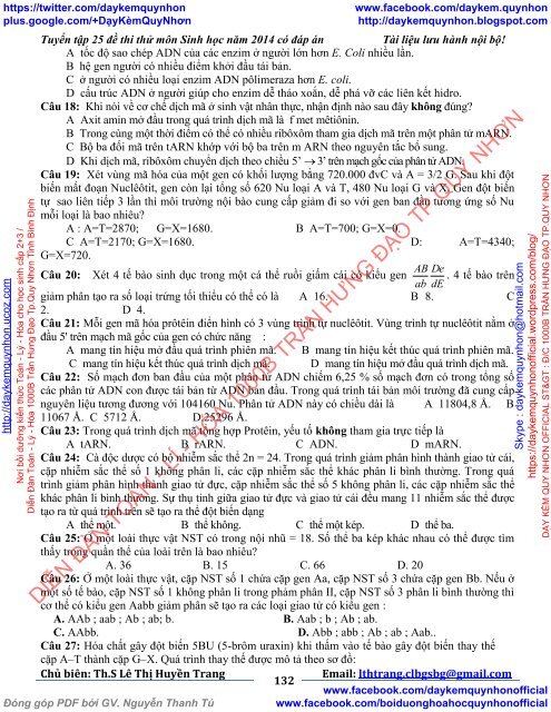 TUYỂN TẬP 25 ĐỀ THI THỬ ĐẠI HỌC MÔN SINH HỌC CỦA CÁC TRƯỜNG THPT TRÊN TOÀN QUỐC (2014)