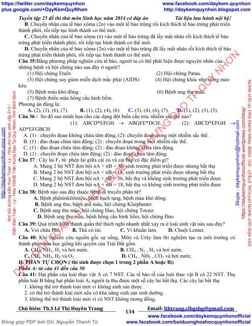 TUYỂN TẬP 25 ĐỀ THI THỬ ĐẠI HỌC MÔN SINH HỌC CỦA CÁC TRƯỜNG THPT TRÊN TOÀN QUỐC (2014)