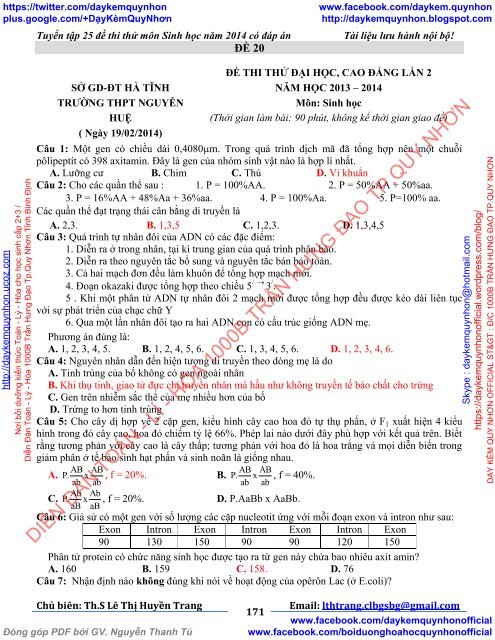 TUYỂN TẬP 25 ĐỀ THI THỬ ĐẠI HỌC MÔN SINH HỌC CỦA CÁC TRƯỜNG THPT TRÊN TOÀN QUỐC (2014)