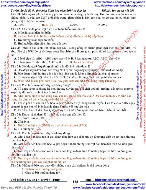 TUYỂN TẬP 25 ĐỀ THI THỬ ĐẠI HỌC MÔN SINH HỌC CỦA CÁC TRƯỜNG THPT TRÊN TOÀN QUỐC (2014)