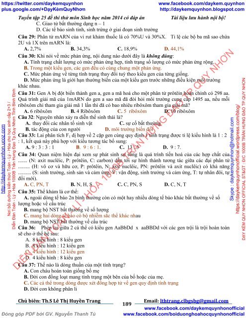 TUYỂN TẬP 25 ĐỀ THI THỬ ĐẠI HỌC MÔN SINH HỌC CỦA CÁC TRƯỜNG THPT TRÊN TOÀN QUỐC (2014)