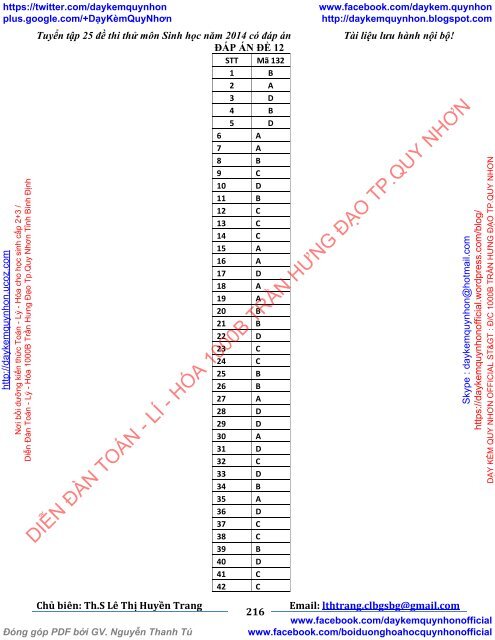 TUYỂN TẬP 25 ĐỀ THI THỬ ĐẠI HỌC MÔN SINH HỌC CỦA CÁC TRƯỜNG THPT TRÊN TOÀN QUỐC (2014)