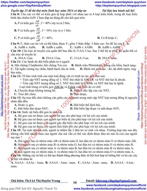 TUYỂN TẬP 25 ĐỀ THI THỬ ĐẠI HỌC MÔN SINH HỌC CỦA CÁC TRƯỜNG THPT TRÊN TOÀN QUỐC (2014)