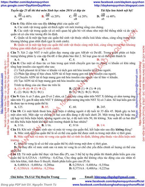 TUYỂN TẬP 25 ĐỀ THI THỬ ĐẠI HỌC MÔN SINH HỌC CỦA CÁC TRƯỜNG THPT TRÊN TOÀN QUỐC (2014)