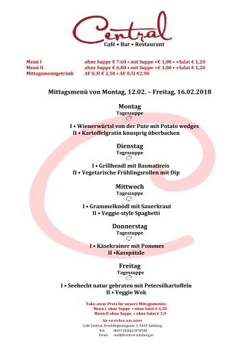 Central Mittagsmenüplan 12.02.-.16.02.2018