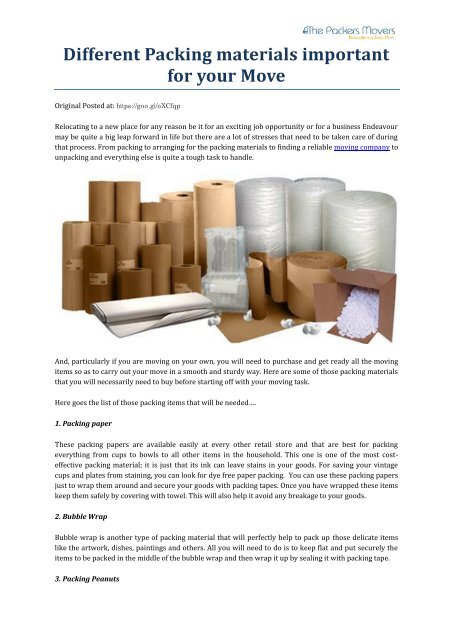 Different Packing materials important for your Move